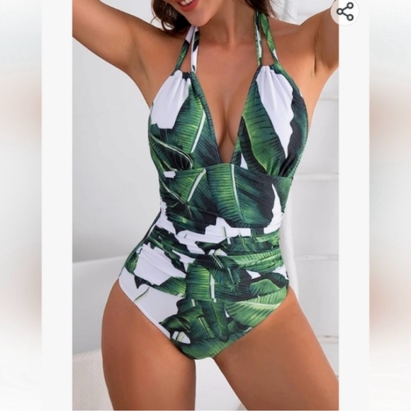 B2PRITY Tropical Palm Frond Leaf V-Neck Ruched‎ Halter 1pc Monokini medium  NWT - Picture 8 of 16